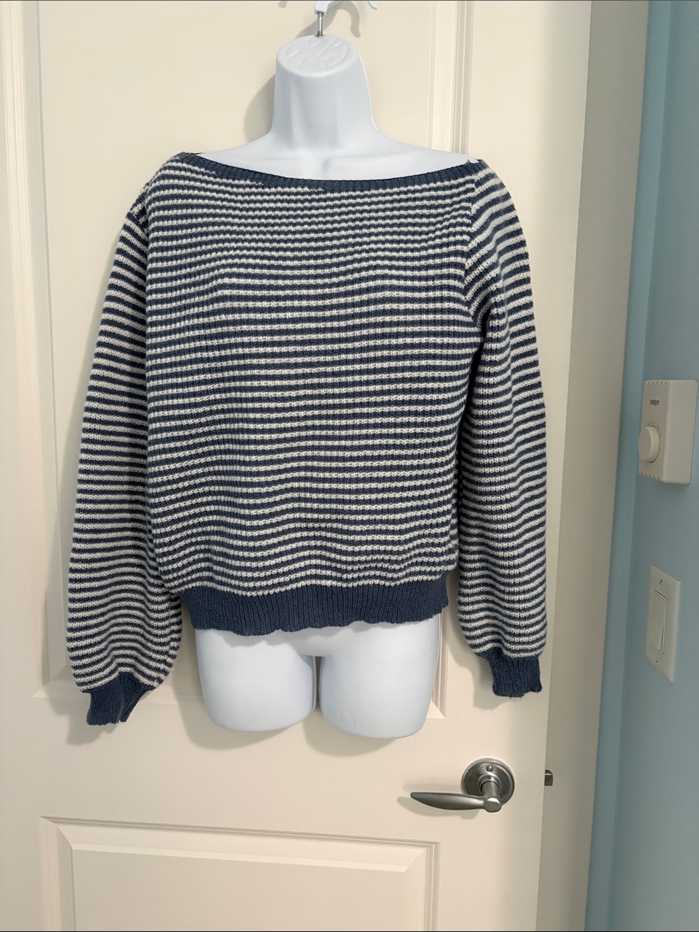 Source Unknown Navy and White Off-the-Shoulder Striped Sweater